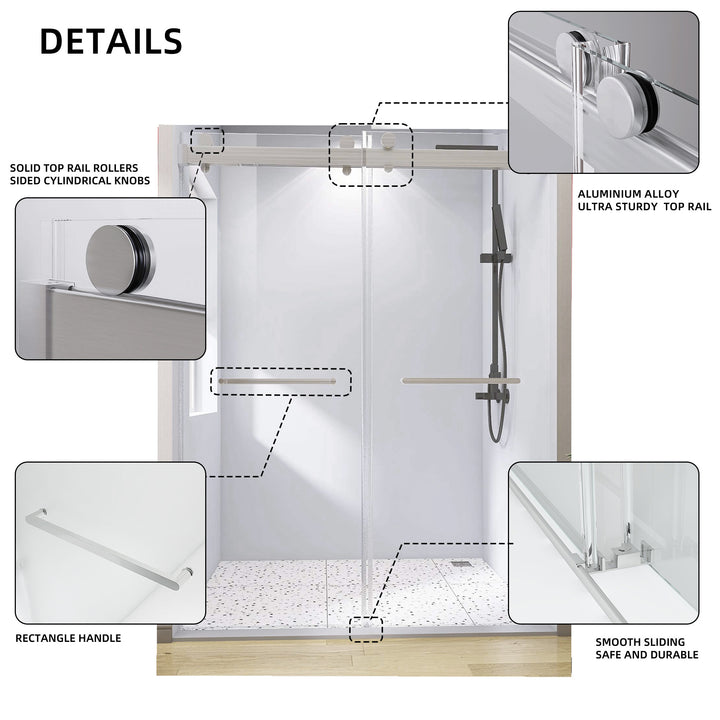 Frameless Double Sliding Shower, 57" - 60" Width, 79" Height, 3/8" (10 mm) Clear Tempered Glass, , Designed for Smooth Door with Clear Tempered Glass and Stainless Steel Hardware Brushed Nickel