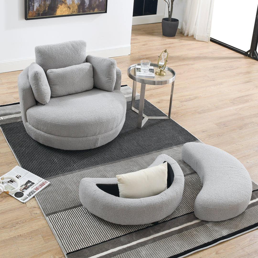 39"W Oversized Swivel Chair with moon storage ottoman for Living Room, Modern Accent Round Loveseat Circle Swivel Barrel Chairs for Bedroom Cuddle Sofa Chair Lounger Armchair, 4 Pillows, Teddy Fabric