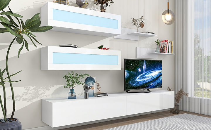 [VIDEO provided] ON-TREND Wall Mount Floating TV Stand with Four Storage Cabinets and Two Shelves, High Gloss Entertainment Center for 95+ Inch TV, 16-color RGB LED Lights for Living Room, White