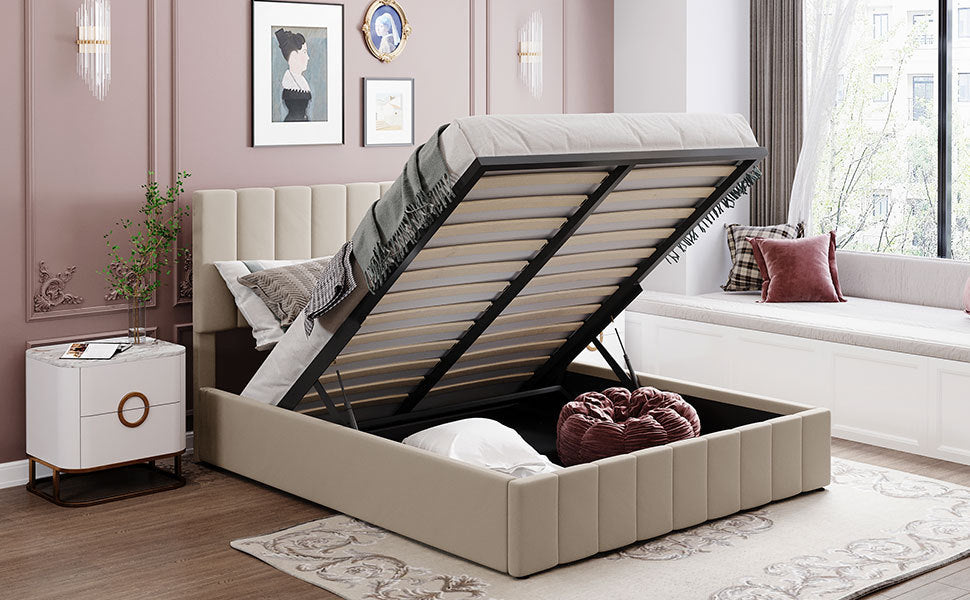 Queen size Upholstered Platform bed with a Hydraulic Storage System - Beige