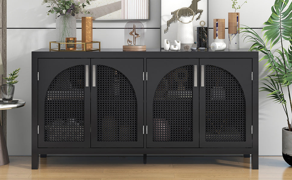 TREXM Large Storage Space Sideboard with Artificial Rattan Door and Metal Handles for Living Room and Entryway (Black)