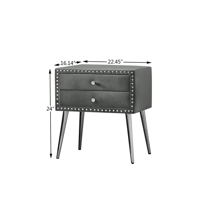 B109-TA Upholstered in durable 100% Grey Velvet nightstand Classic silver rivet elegant button tufted design with two drawer and metal legs