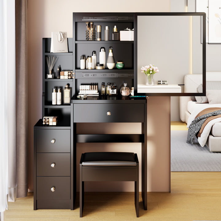 Left Bedside Cabinet Vanity Table + Cushioned Stool, Extra large Sliding mirror, Multi Layer High Capacity Storage, Left Bedside Cabinet, Practical Fashionable Dresser, Modern Makeup Furniture