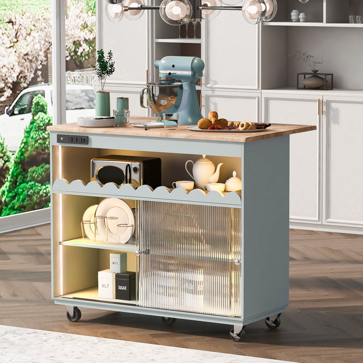 Kitchen Island with Drop Leaf, LED Light Kitchen Cart on Wheels with Power Outlets, 2 Sliding Fluted Glass Doors, Large Kitchen Island Cart with 2 Cabinet and 1 open Shelf (Grey Blue)