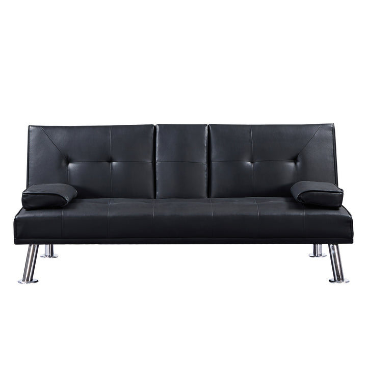 Black Faux Leather Loveseat Sofa Bed with Cup Holders , Convertible Folding Sleeper Couch Bed .