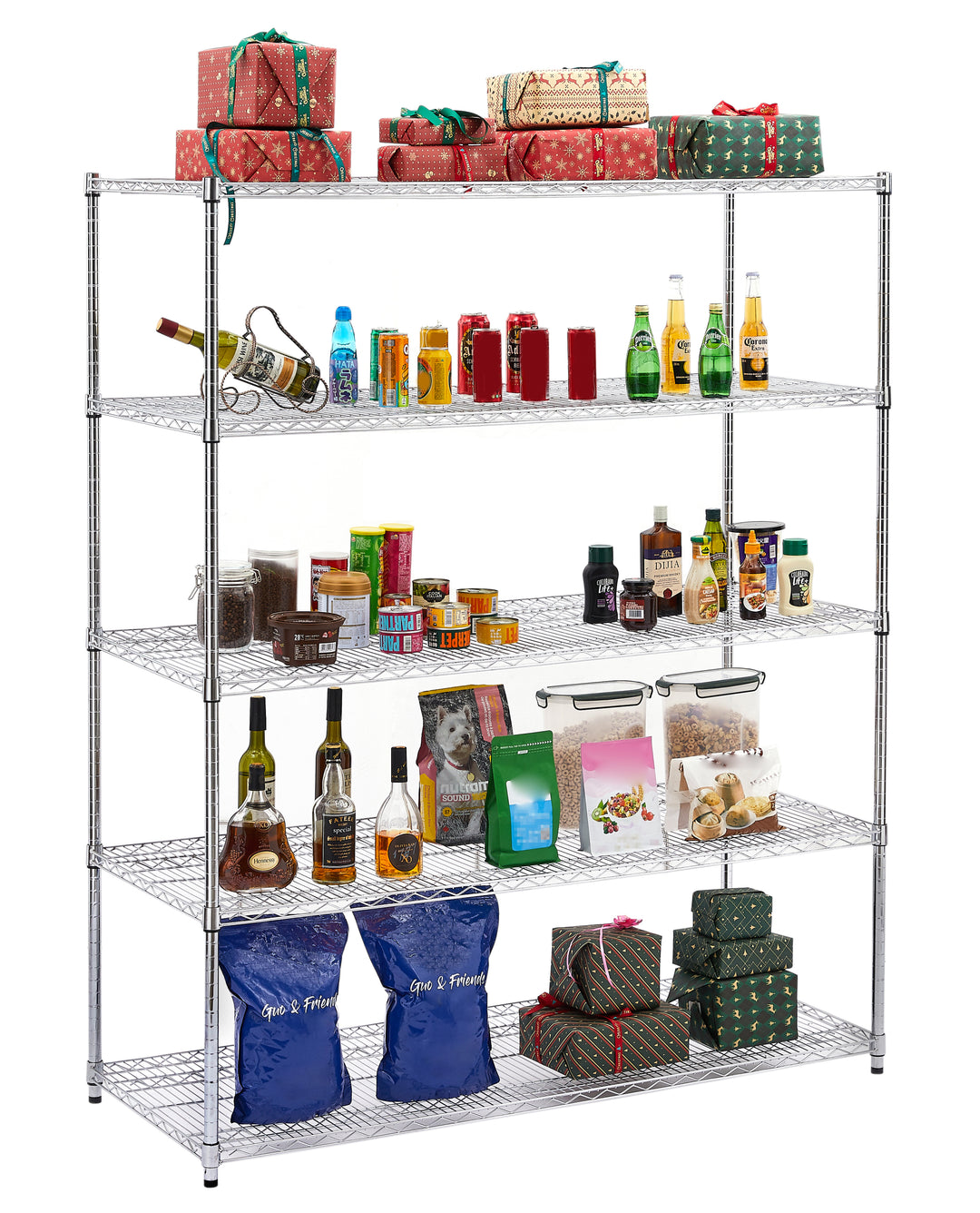 5 tiers of chrome-plated, heavy-duty, adjustable shelving and racking with a 300 lb. weight capacity per wire shelf for warehouses, supermarkets, kitchens, etc. 59.45 "L × 24.02 "W × 71.65 "H