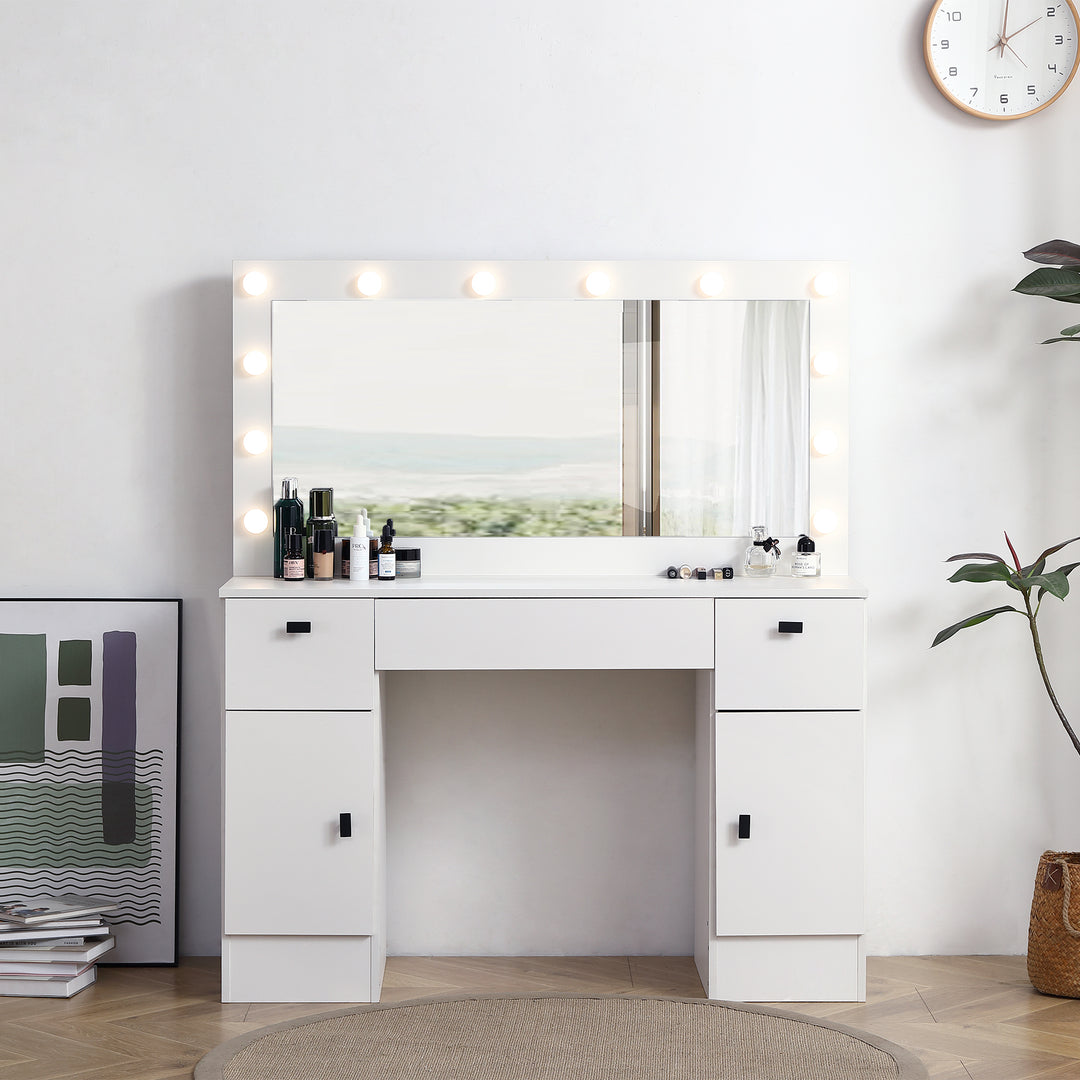 Vanity table with lighted mirror, vanity desk with 3 drawers and storage cabinet,3 color lighting modes adjustable brightness, white color