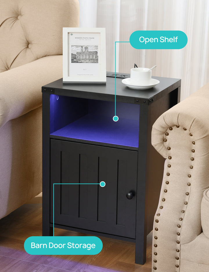 Nightstand with Charging Station, Side Table with RGB Light Strip, Modern End Table Beside Table with USB Ports and Outlets, Barn Door Cabinet, Open Shelf, Deep Storage for Bedroom, Living Room