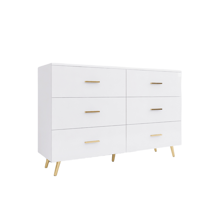 High Glossy Surface 6 Drawers Chest of Drawer with Golden Handle and Golden Steel Legs White Color Vanity