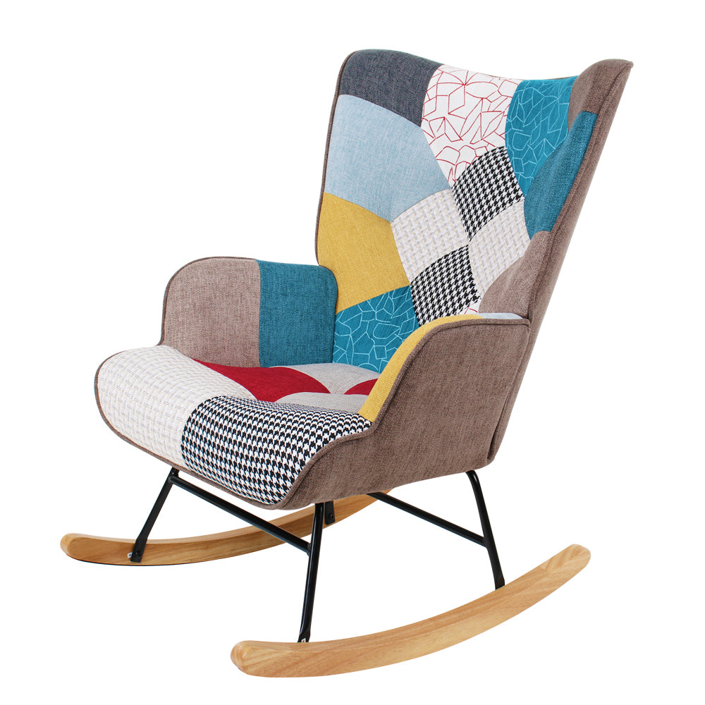 Rocking Chair, Mid Century Fabric Rocker Chair with Wood Legs and Patchwork Linen for Livingroom Bedroom