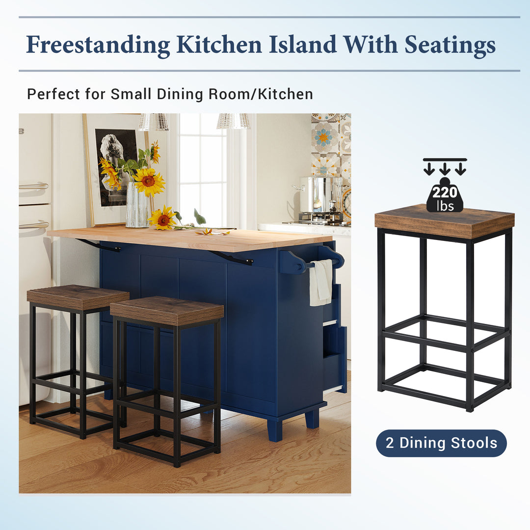 TOPMAX Farmhouse Kitchen Island Set with Drop Leaf and 2 Seatings,Dining Table Set with Storage Cabinet, Drawers and Towel Rack, Blue+Black+Brown