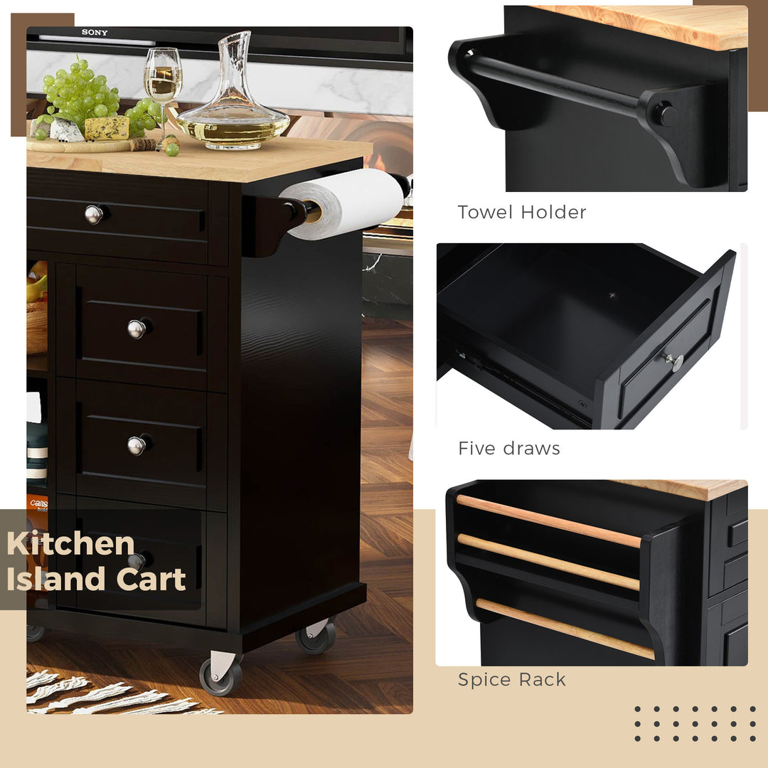 Kitchen cart with Rubber wood desktop rolling mobile kitchen island with storage and 5 draws 53 Inch length (Black)