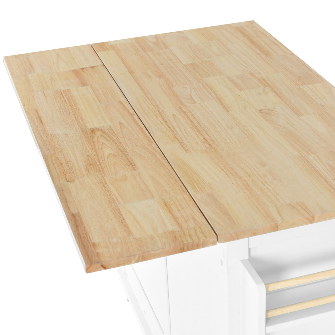 Kitchen Cart with Rubber wood Drop-Leaf Countertop, Concealed sliding barn door adjustable height,Kitchen Island on 4 Wheels with Storage Cabinet and 2 Drawers,L52.2xW30.5xH36.6 inch, White