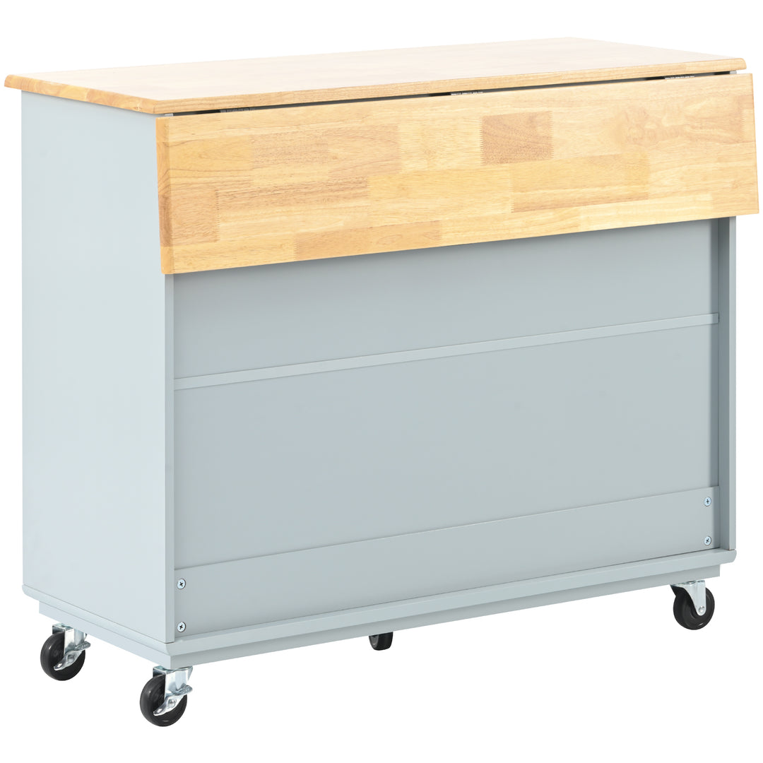 Kitchen Island with Drop Leaf, LED Light Kitchen Cart on Wheels with Power Outlets, 2 Sliding Fluted Glass Doors, Large Kitchen Island Cart with 2 Cabinet and 1 open Shelf (Grey Blue)