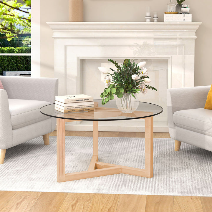 ON-TREND Round Glass Coffee Table Modern Cocktail Table Easy Assembly with Tempered Glass Top & Sturdy Wood Base, Natural (OLD SKU: WF190112AAL)