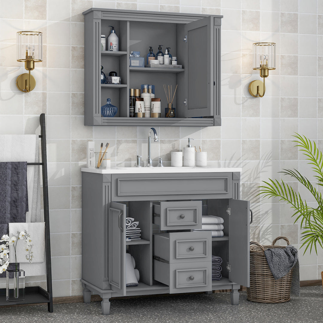 36'' Bathroom Vanity with Top Sink, Grey Mirror Cabinet, Modern Bathroom Storage Cabinet with 2 Soft Closing Doors and 2 Drawers, Single Sink Bathroom Vanity