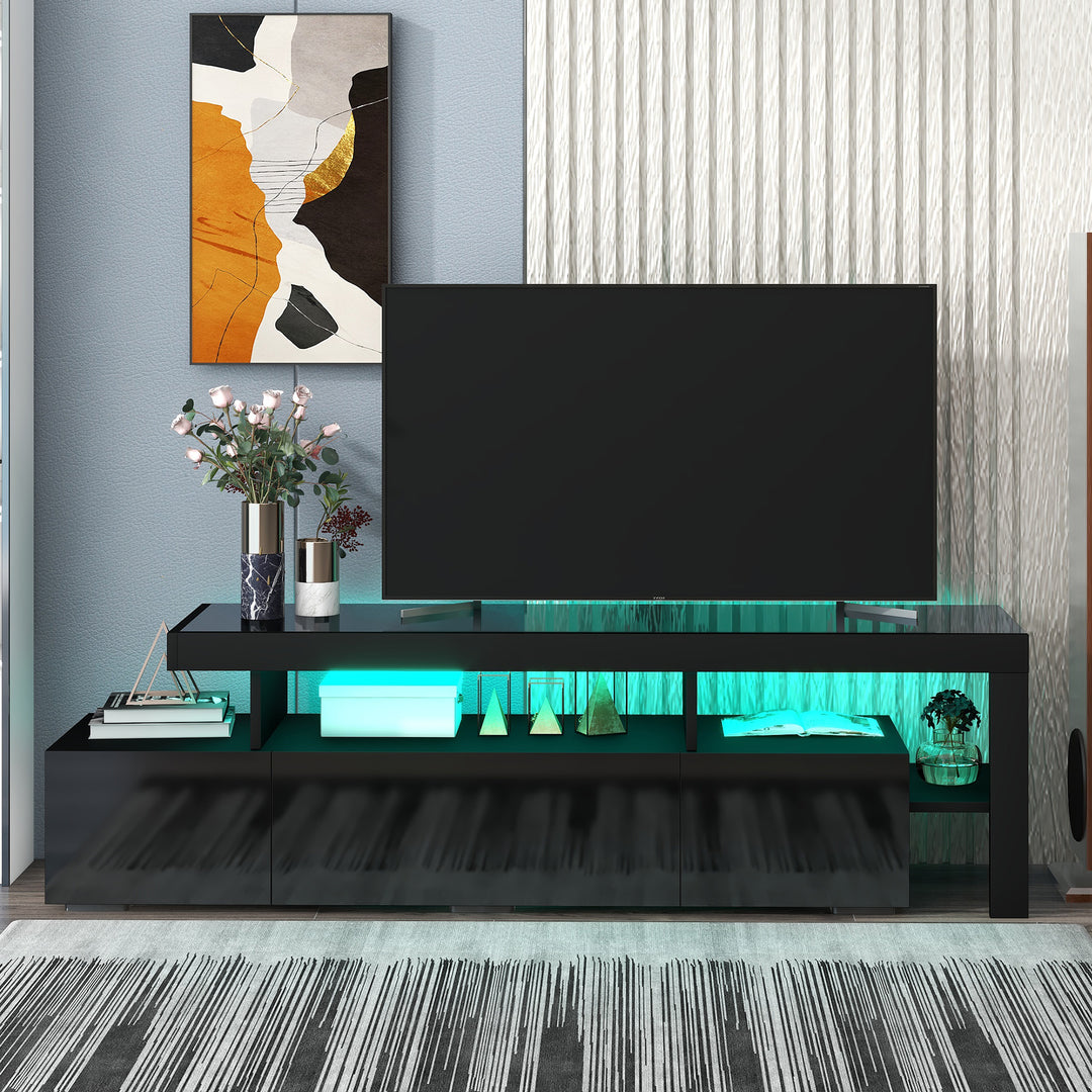 ON-TREND Modern Style 16-colored LED Lights TV Cabinet,  UV High Gloss Surface Entertainment Center with DVD Shelf,  Up to 70 inch TV, Black