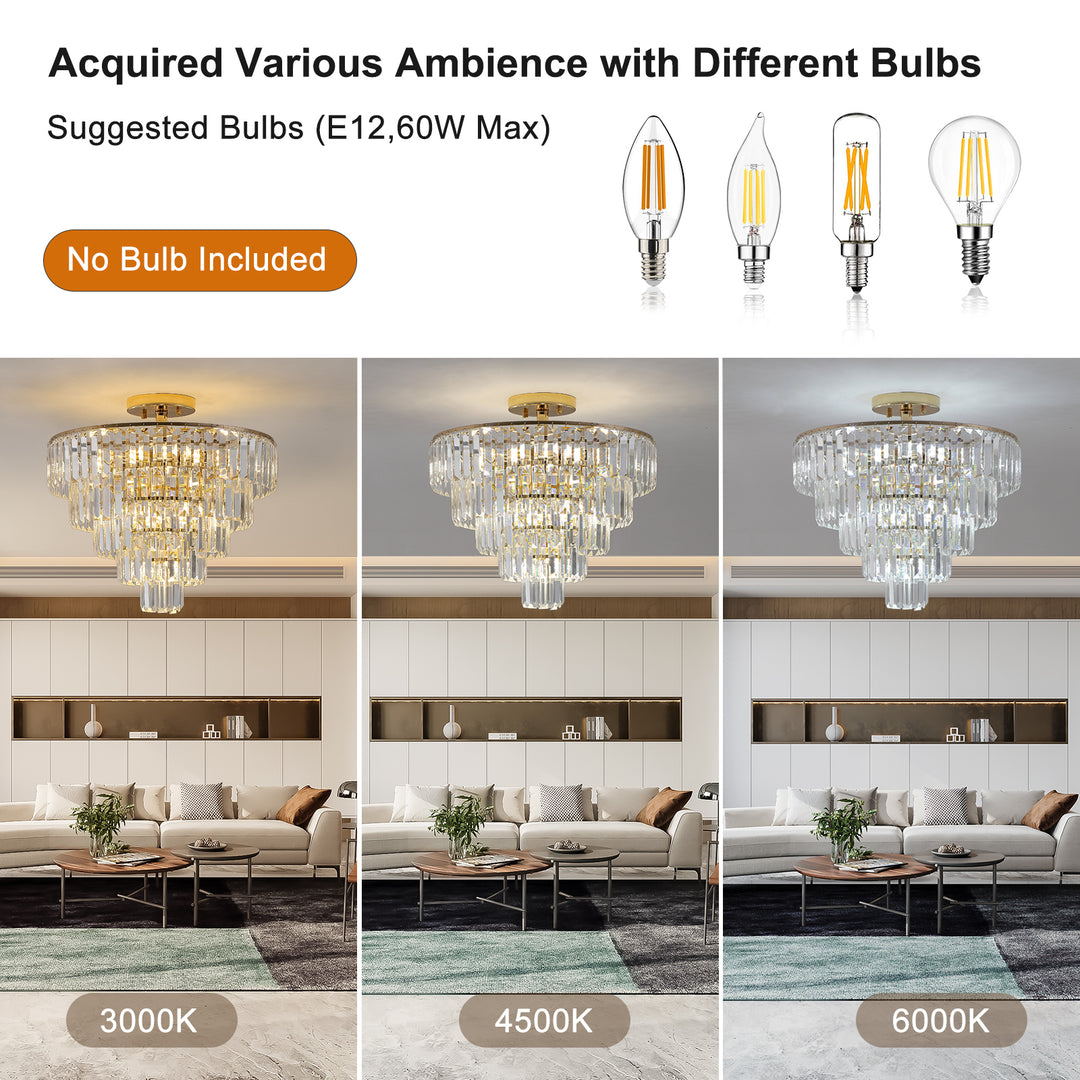 Gold Crystal Chandeliers,5-Tier Round Semi Flush Mount Chandelier Light Fixture,Large Contemporary Luxury Ceiling Lighting for Living Room Dining Room Bedroom Hallway