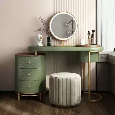 Modern Makeup Vanity Table With LED Lighted Mirror, Dressing Table with Movable Tray Top, 4 Solid Wood Drawer, Without Stool, 43", Green