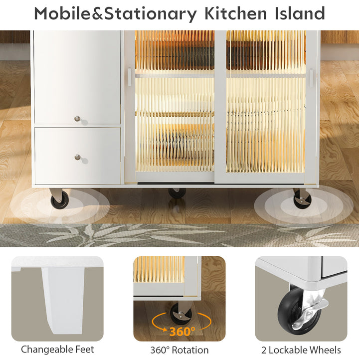 Kitchen Island with Drop Leaf, LED Light Kitchen Cart on Wheels with 2 Fluted Glass Doors and 1 Flip Cabinet Door, Large Kitchen Island Cart with an Adjustable Shelf and 2 Drawers (White)