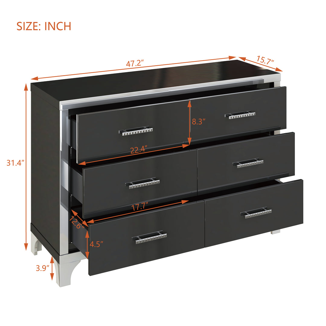 Elegant High Gloss Dresser with Metal Handle,Mirrored Storage Cabinet with 6 Drawers for Bedroom,Living Room,Black