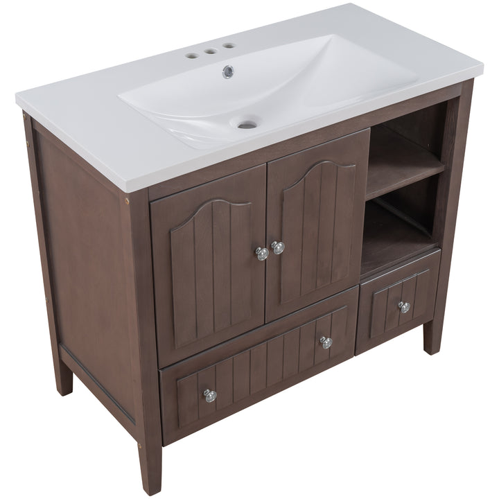 [VIDEO] 36" Bathroom Vanity with Ceramic Basin, Bathroom Storage Cabinet with Two Doors and Drawers, Solid Frame, Metal Handles, Brown (OLD SKU: JL000003AAD)