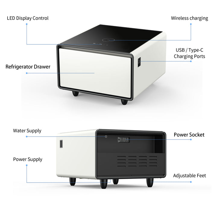 Modern Smart Side Table with Built-in Fridge, Wireless Charging, Temperature Control, Power Socket, USB Interface, Outlet Protection, Induction Light, White