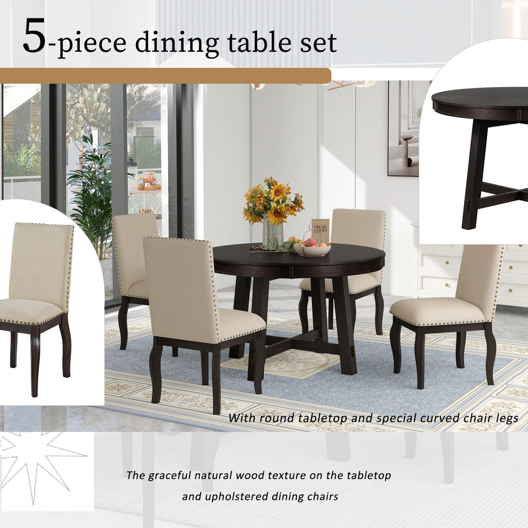 TREXM 5-Piece Farmhouse Dining Table Set Wood Round Extendable Dining Table and 4 Upholstered Dining Chairs (Espresso)