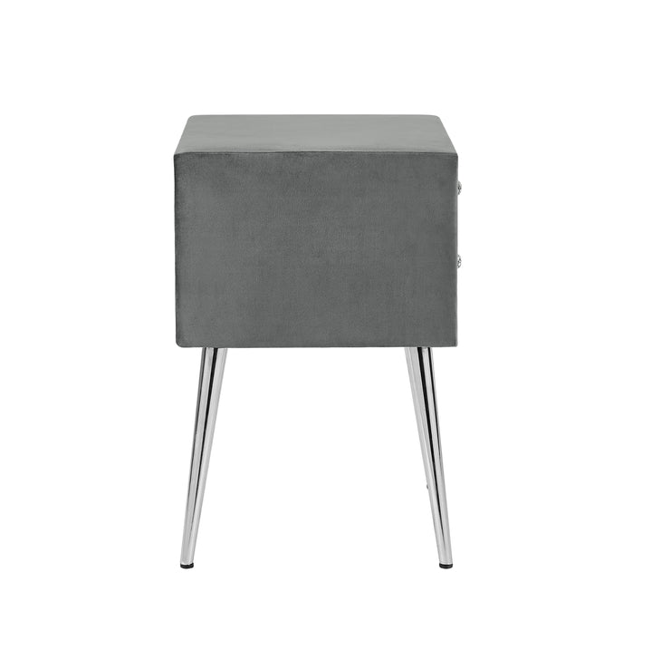 B109-TA Upholstered in durable 100% Grey Velvet nightstand Classic silver rivet elegant button tufted design with two drawer and metal legs