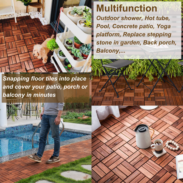 10 PCS Interlocking Deck Tiles Checker Pattern, 12" x 12" Square Brown Acacia Hardwood Outdoor Flooring for Patio, Bancony, Pool Side,...