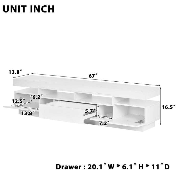 On-Trend TV Stand with 4 Open Shelves, Modern High Gloss Entertainment Center for 75 Inch TV, Universal TV Storage Cabinet with 16-color RGB LED Color Changing Lights, White