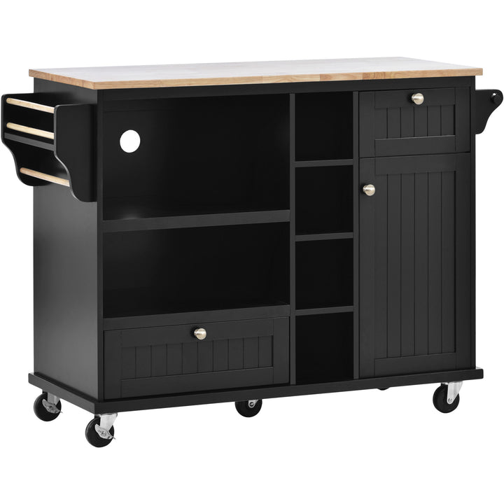 Kitchen Island Cart with Storage Cabinet and Two Locking Wheels,Solid wood desktop,Microwave cabinet,Floor Standing Buffet Server Sideboard for Kitchen Room,Dining Room,, Bathroom(Black)