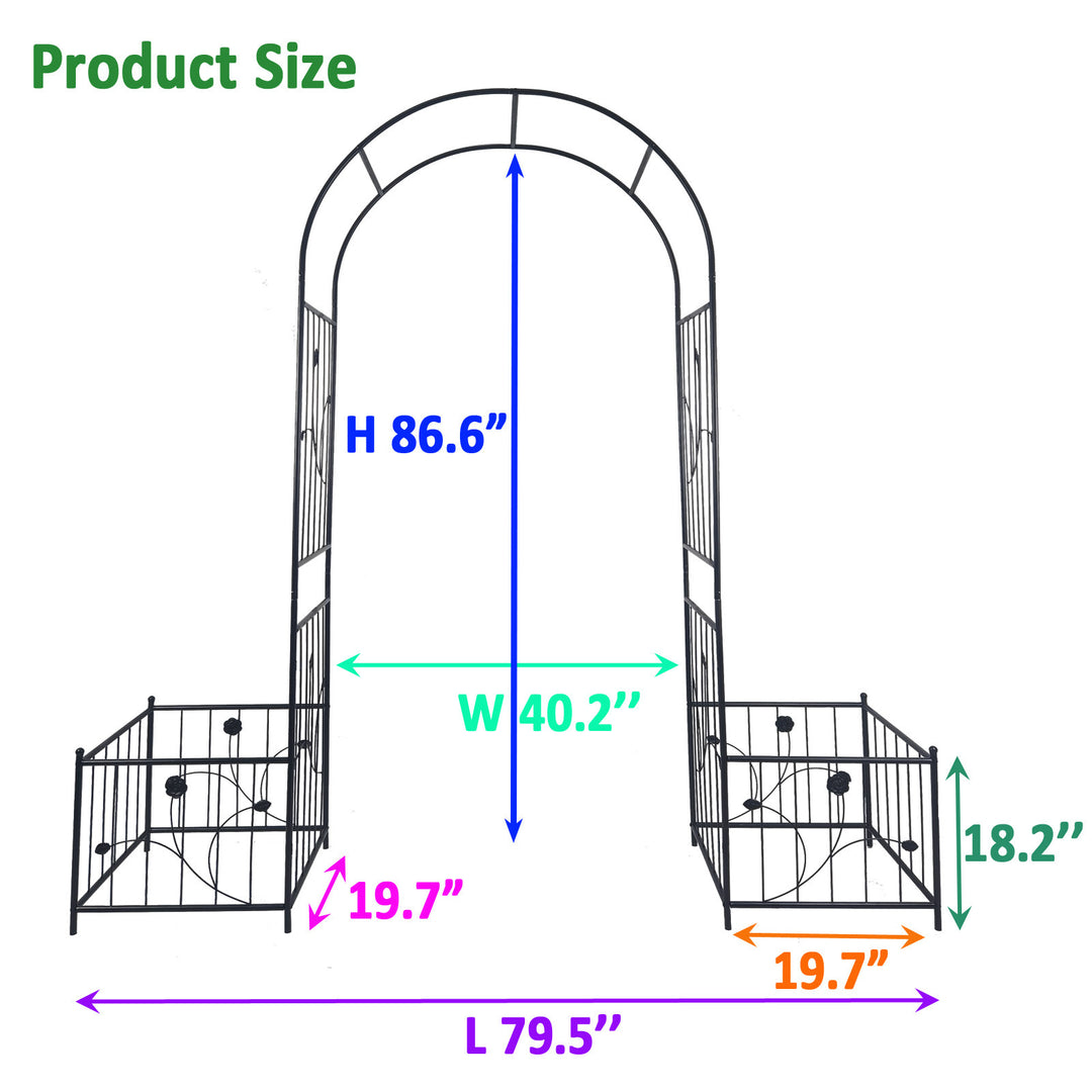 Metal Garden Arch with two plant stands 79.5'' Wide x 86.6'' High Climbing Plants Support Rose Arch Outdoor Black