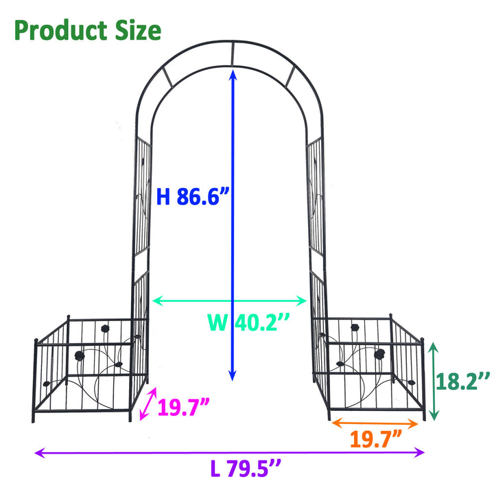 Metal Garden Arch with two plant stands 79.5'' Wide x 86.6'' High Climbing Plants Support Rose Arch Outdoor Black