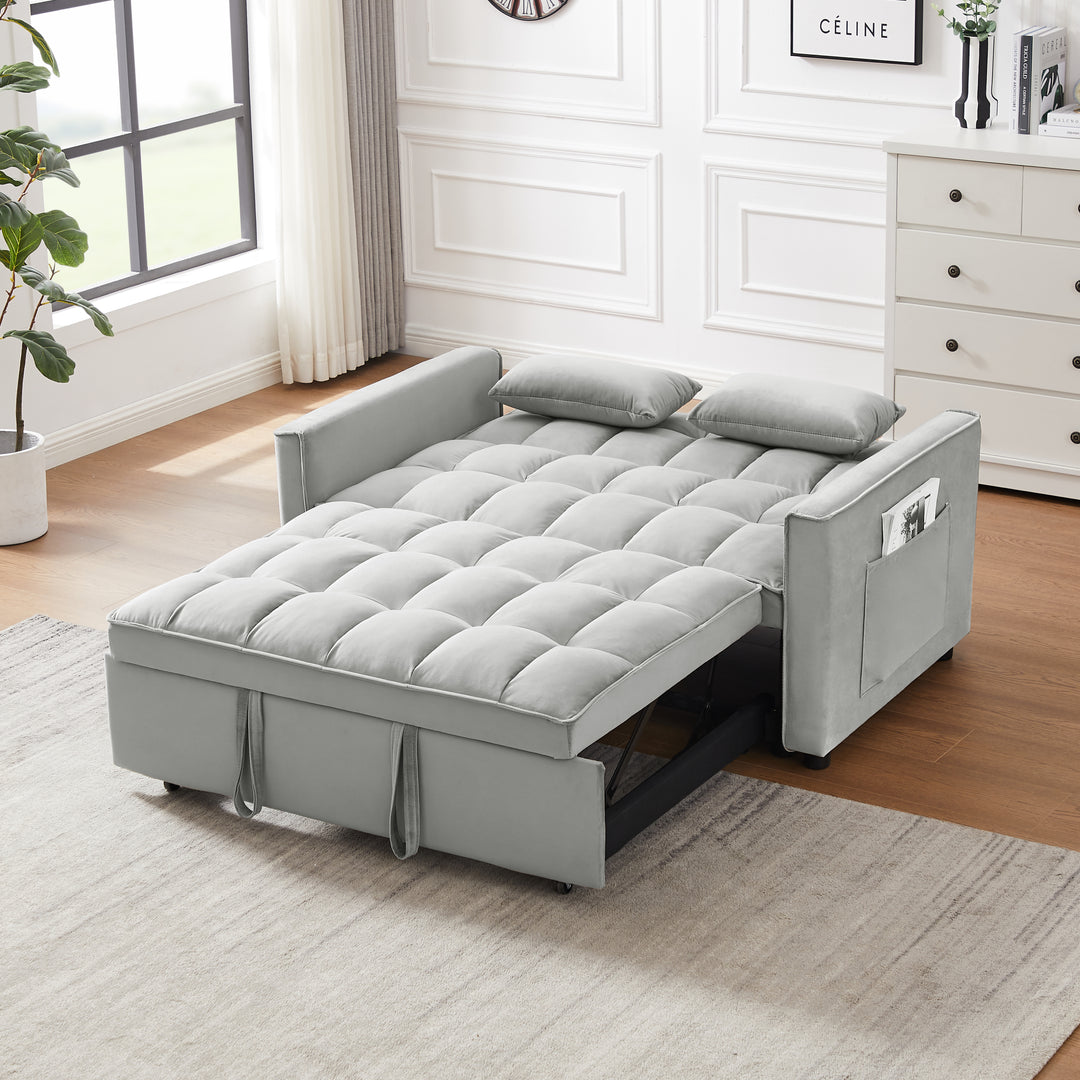 Modern Velvet Loveseat Futon Sofa Couch Pullout Bed, Small Love Seat Lounge Sofa w/Reclining Backrest, Toss Pillows, Pockets, Furniture for Living Room,3 in 1 Convertible Sleeper Sofa Bed,  Gray