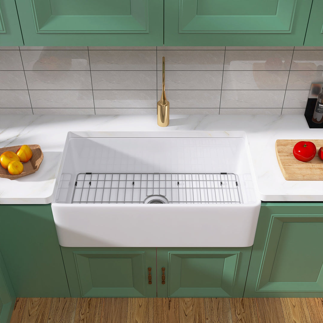 36 Inch Fireclay Farmhouse Kitchen Sink White Single Bowl Apron Front Kitchen Sink, Bottom Grid and Kitchen Sink Drain Included