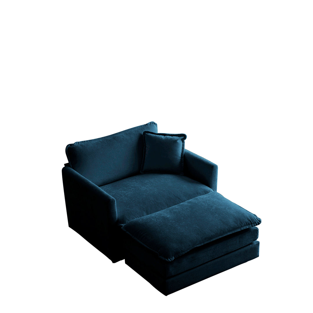 Modern Accent Chair with Ottoman, Living Room Club Chair Chenille Upholstered Armchair , Reading Chair for Bedroom, Blue Chenille