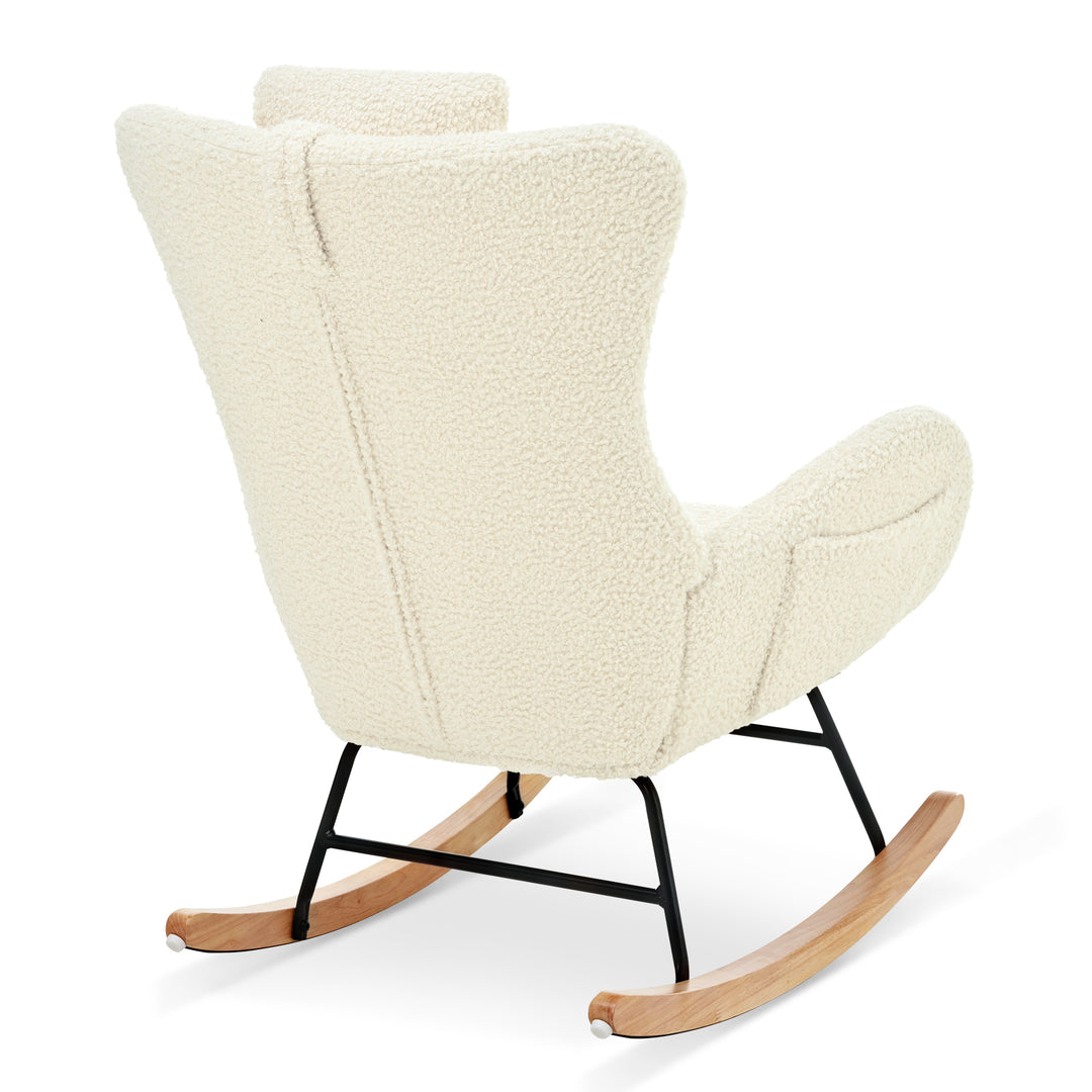 Rocking Chair Nursery, Teddy Upholstered Rocker Glider Chair with High Backrest, Adjustable Headrest & Pocket, Comfy Glider Chair for Nursery, Bedroom, Living Room, Offices, Rubber wood, beige