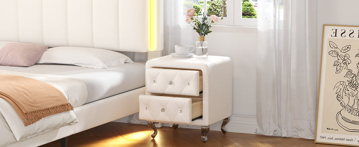 Elegant PU Nightstand with 2 Drawers and Crystal Handle,Fully Assembled Except Legs&Handles,Storage Bedside Table with Metal Legs - White