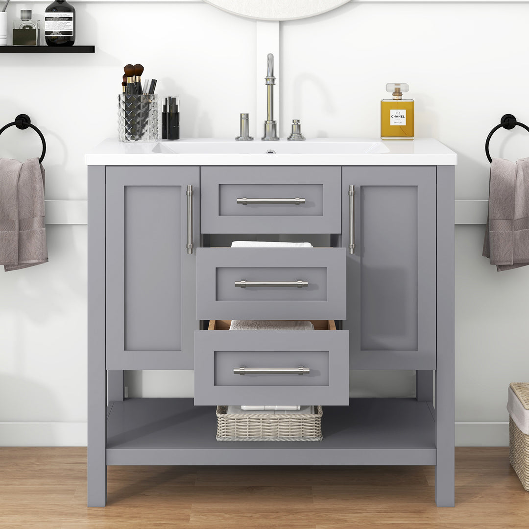 36-Inch Grey Bathroom Vanity with Solid Wood Frame and MDF, Resin Basin, 2 Drawers, 2 Cabinet Doors, 2 Adjustable Shelvesdoor,Single Resin Sink,Small Bathroom Organization Cabinet