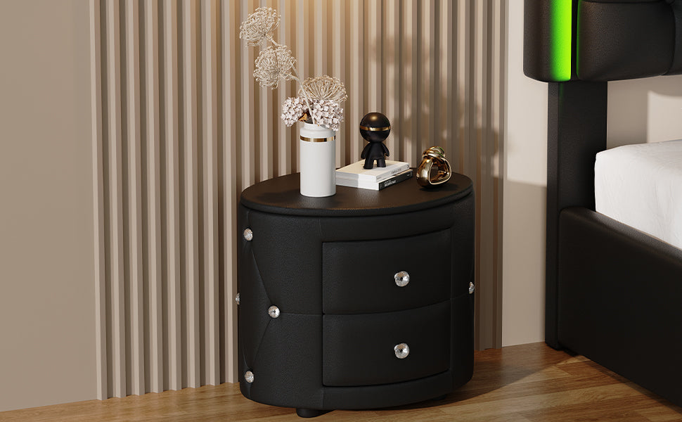 Elegant PU Nightstand with 2 Drawers and Crystal Handle,Fully Assembled Except Legs&Handles,Storage Bedside Table - Black