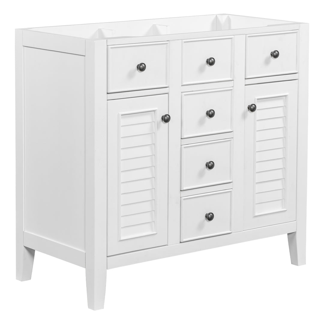 36" Bathroom Vanity without Sink, Cabinet Base Only, Two Cabinets and Five Drawers, Solid Wood Frame, White