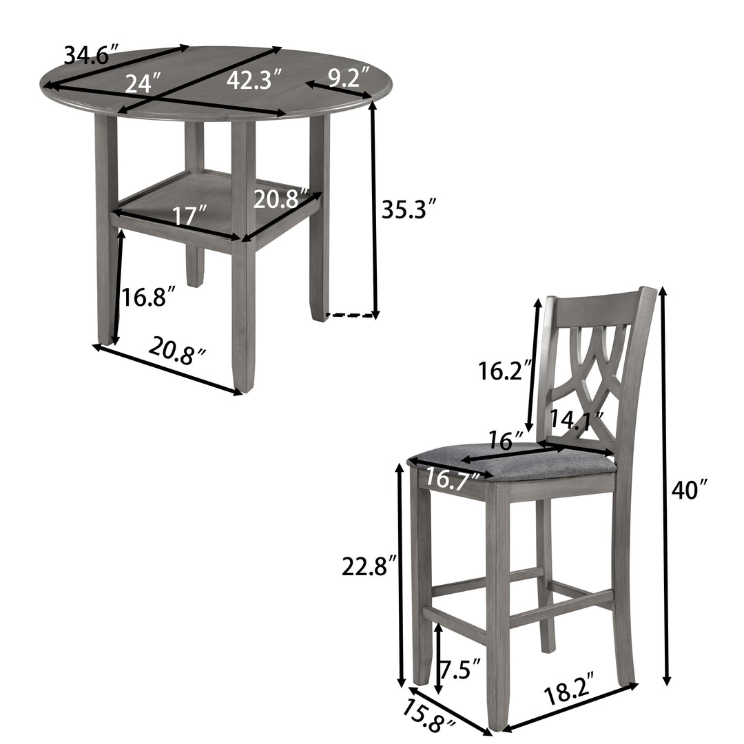 TOPMAX Farmhouse 3 Piece Round Counter Height Kitchen Dining Table Set with Drop Leaf Table, One Shelf and 2 Cross Back Padded Chairs for Small Places, Gray