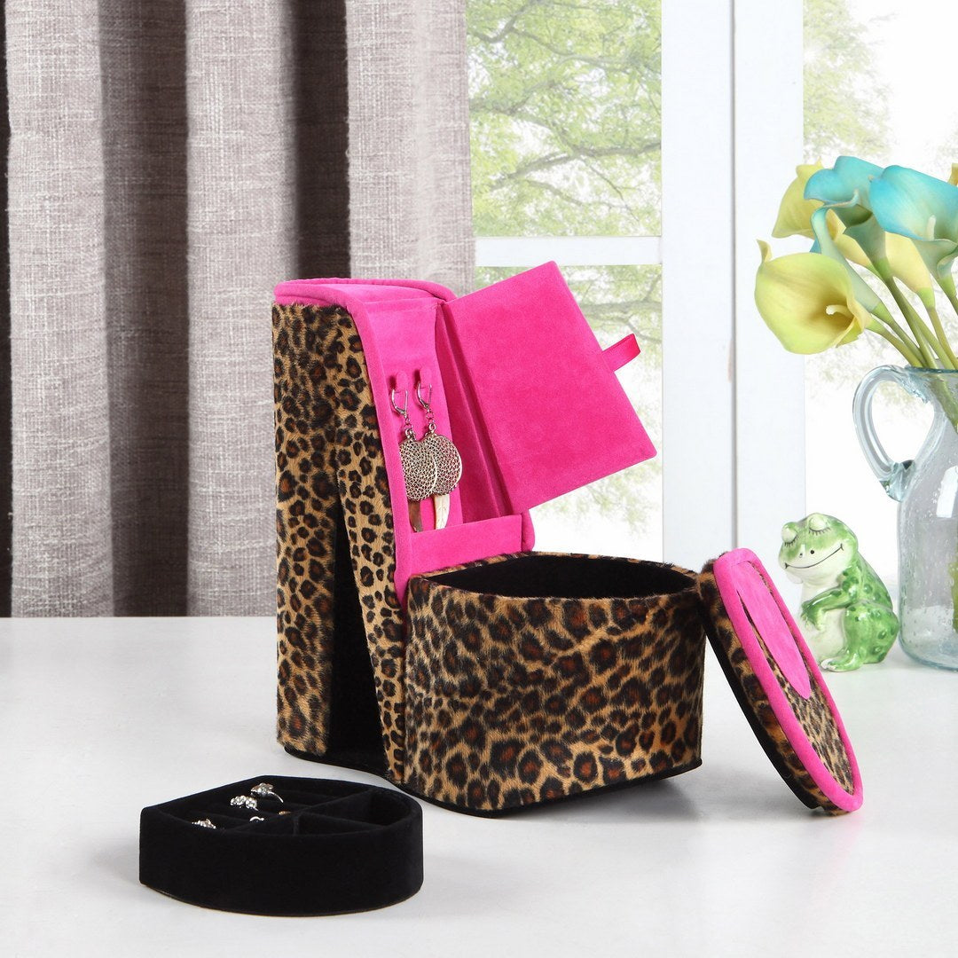 9" Tall Display Jewelry Box with Hidden Storage, High Heel Shoe Design, Cheetah Print