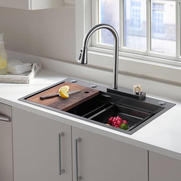 Kitchen Sink Flying rain Waterfall Kitchen Sink Set 30"x 18" 304 Stainless Steel Sink with Pull Down Faucet, and Accessories