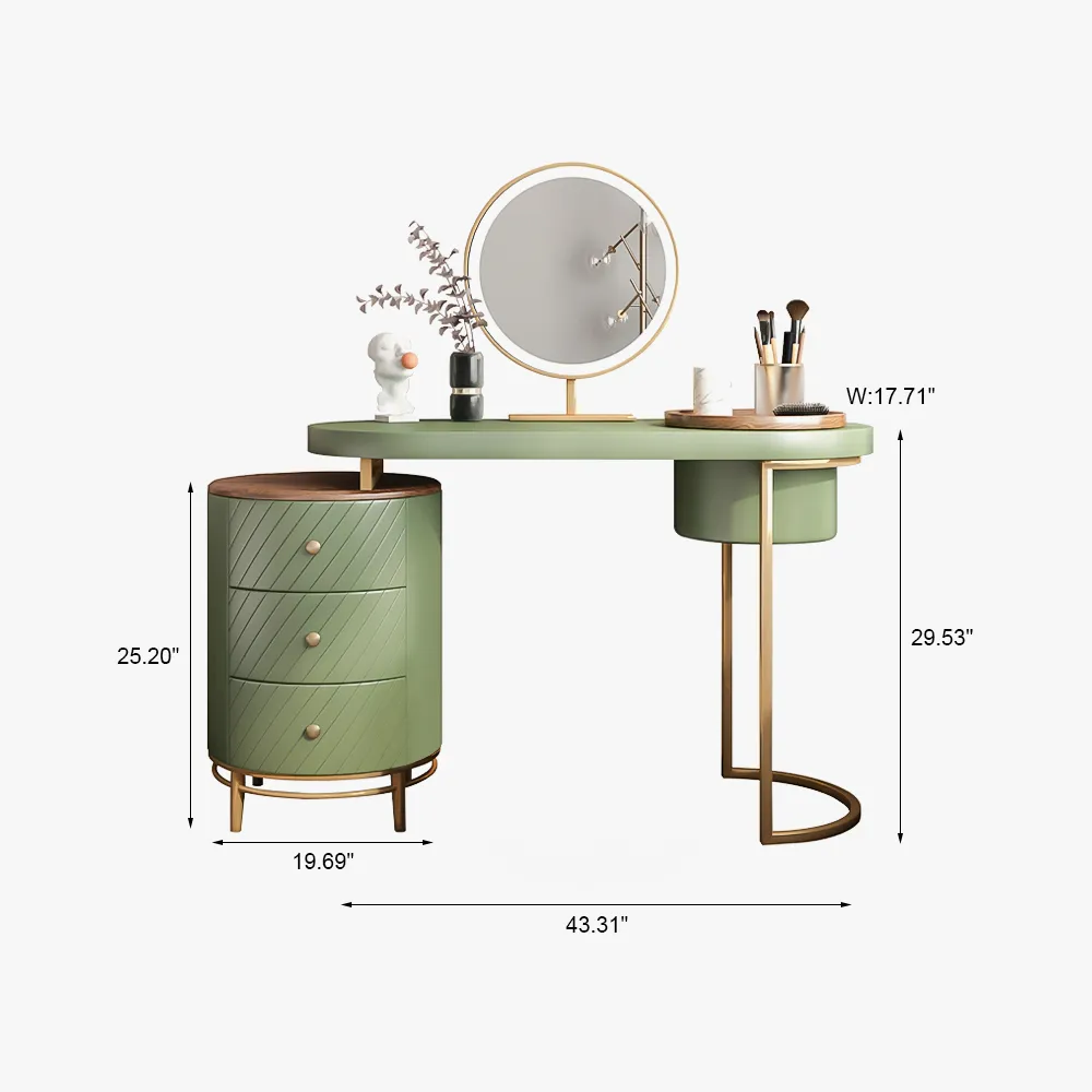 Modern Makeup Vanity Table With LED Lighted Mirror, Dressing Table with Movable Tray Top, 4 Solid Wood Drawer, Without Stool, 43", Green