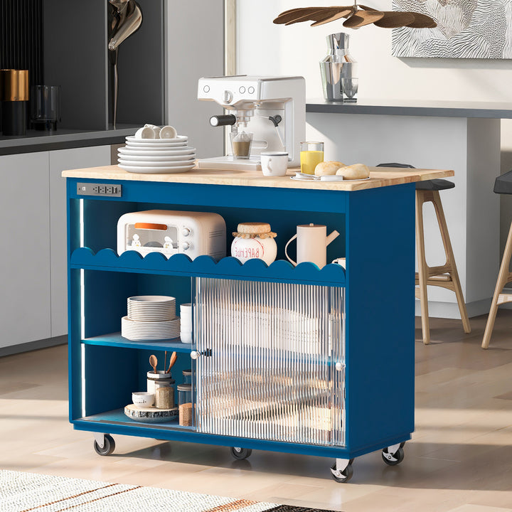 Kitchen Island with Drop Leaf, LED Light Kitchen Cart on Wheels with Power Outlets, 2 Sliding Fluted Glass Doors, Large Kitchen Island Cart with 2 Cabinet and 1 open Shelf (Navy Blue)