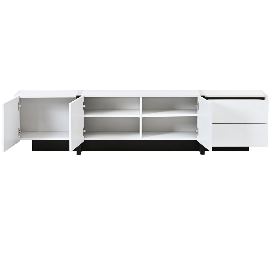 [VIDEO provided] ON-TREND White & Black Contemporary Rectangle Design TV Stand, Unique Style TV Console Table for TVs Up to 80'', Modern TV Cabinet with High Gloss UV Surface for Living Room.