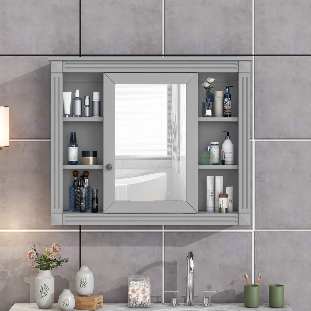 35'' x 28'' Wall Mounted Bathroom Storage Cabinet, Modern Bathroom Wall Cabinet with Mirror, Mirror Cabinet with 6 Open Shelves (Not Include Bathroom Vanity )