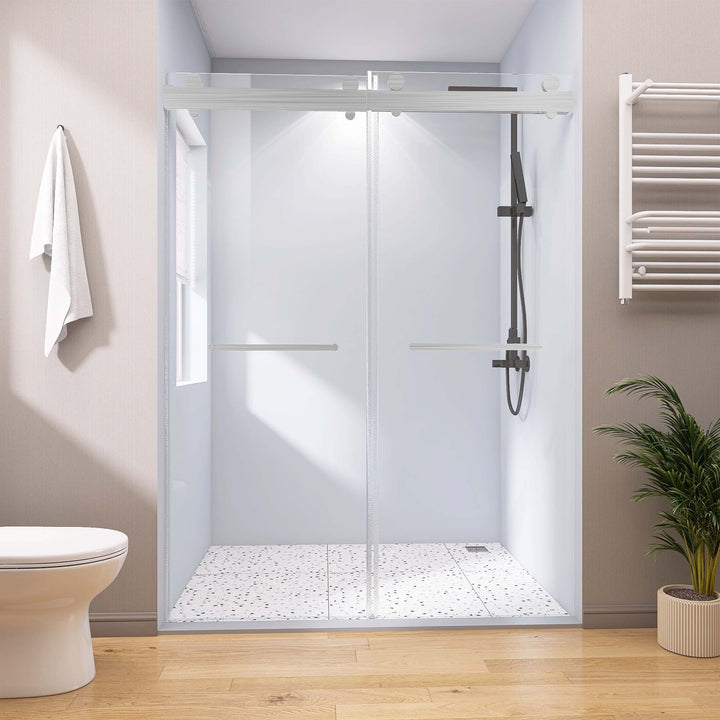 Frameless Double Sliding Shower, 57" - 60" Width, 79" Height, 3/8" (10 mm) Clear Tempered Glass, , Designed for Smooth Door with Clear Tempered Glass and Stainless Steel Hardware Brushed Nickel